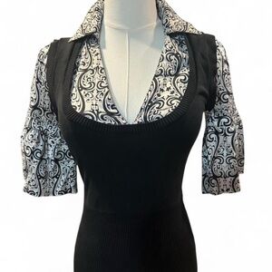 bebe Black Knit Overlay Tunic with Black & White Printed Blouse